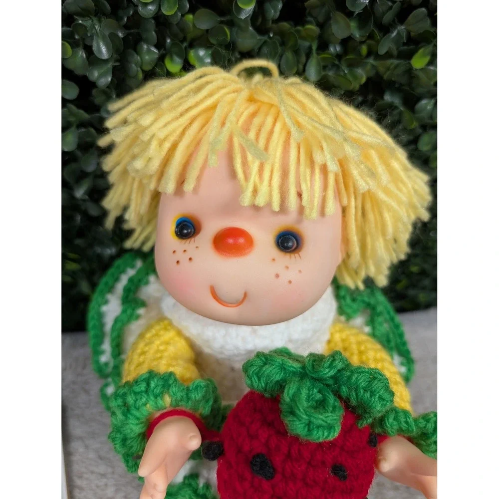 Handmade Crochet Strawberry Shortcake Inspired Doll Red Green Yellow Vinyl‎ Face